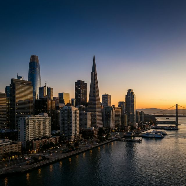 San Francisco skyline at dusk featuring Transamerica Pyramid and Salesforce Tower, illustrating the competitive landscape for SF law firms and luxury real estate.